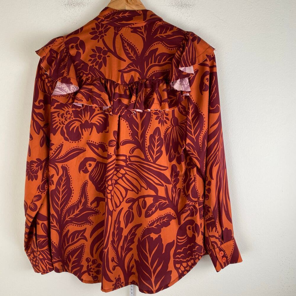 Johanna Ortiz Dreams Of Orient Ruffle Bib Blouse Red Orange Size 4 - Picture 13 of 16